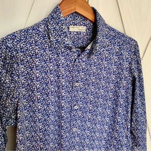 PIAZZA ITALIA Blue Brown Cream Watercolors Floral Regular Fit Dress Shirt Sz S